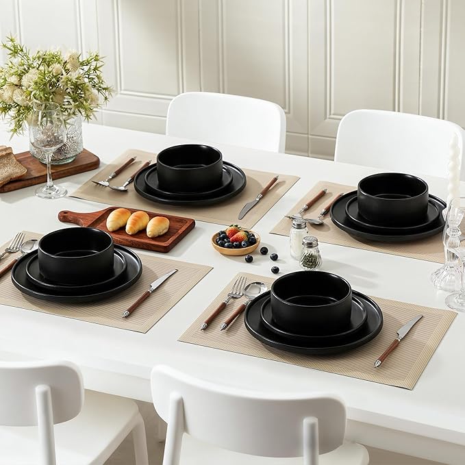 Stoneware Salad Plates Set of 4, 8 Inch Plates for Dessert, Ceramic Plates Sets, Microwave Safe, Dishwasher Safe, Versatile for All Seasons, Matte Black