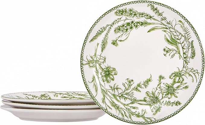 Bico Green Garden Toile De Jouy Salad Plates Set of 4, 8.75 Inch Ceramic Dessert Plates for Salad, Appetizer, Side Dishes, Microwave and Dishwasher Safe, Gift for Housewarming and Thanksgiving