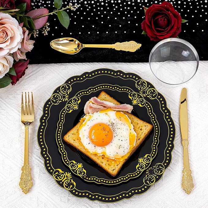 Ciaell 350 PCS Black Plastic Plates - Black and Gold Plates - Black Disposable Plates Include 100 Disposable Plate, 150 Heavy Duty Silverware, 50 Cups, 50 Napkins for Wedding & Party