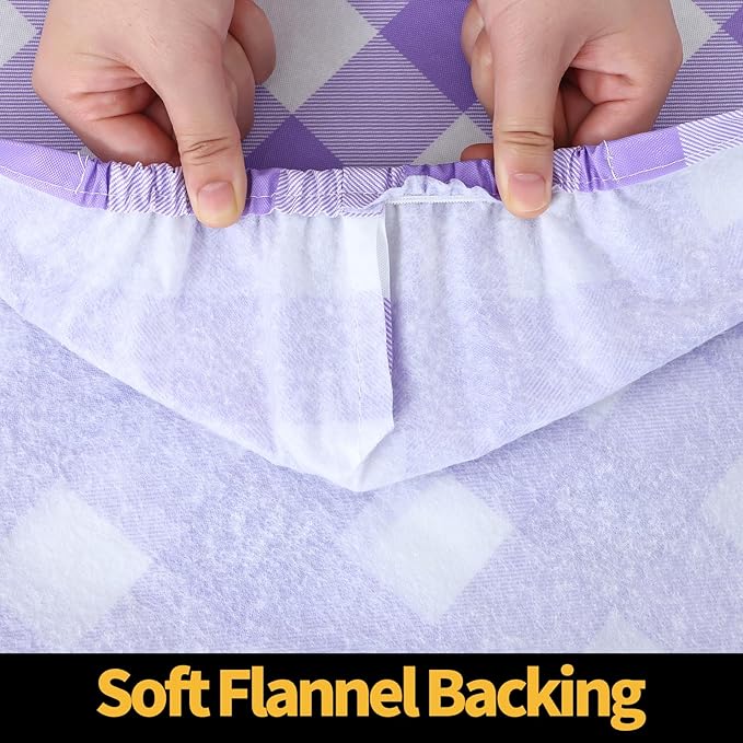 Smiry Rectangle Picnic Table Cloth, Elastic Waterproof Fitted Vinyl Tablecloths, Flannel Backed Buffalo Plaid Table Covers for Dining, Camping, Outdoor (White and Purple, 24" x 48")