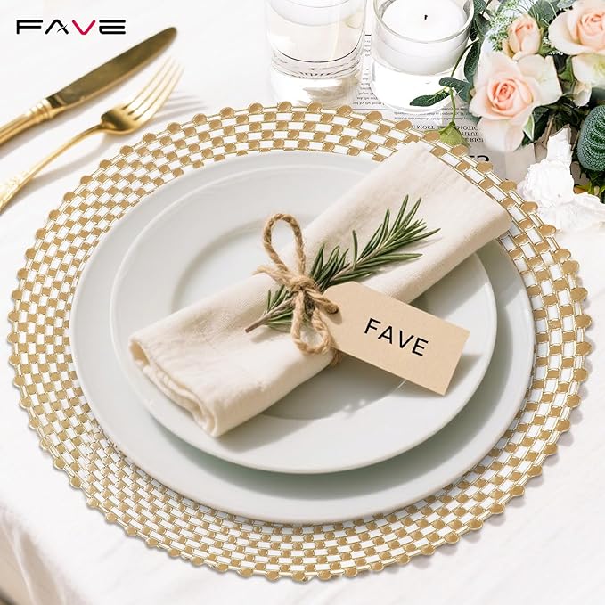 FAVE 8 PCS Vinyl Gold Round Placemats, Spiral Hollow Out Washable for Daily Dining, Holiday Events& Daily Use (15 Inch,8PCS)
