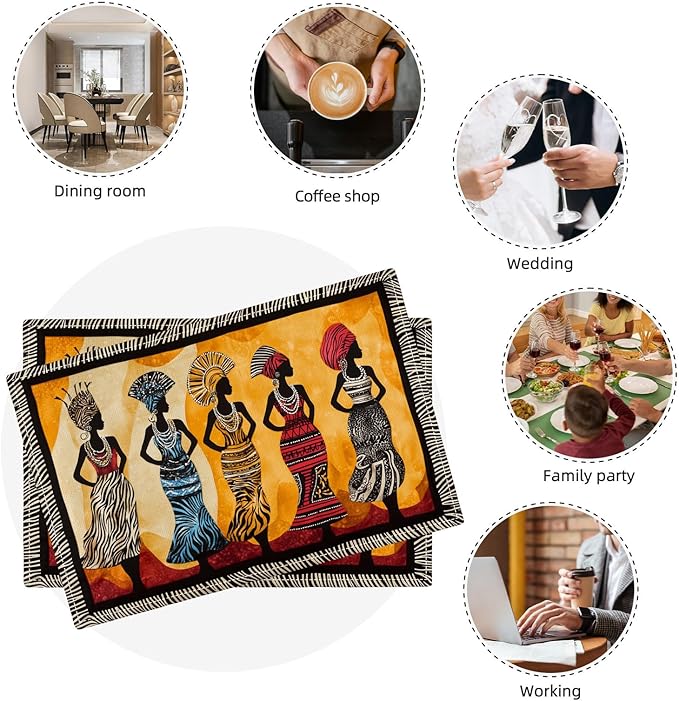 Kwanzaa Placemats Set of 4, African American Christmas Table Mats, Black Women Washable Place Mats for Coffee Bar Home Party Indoor Kitchen Dining Table Decoration 12x18 Inch
