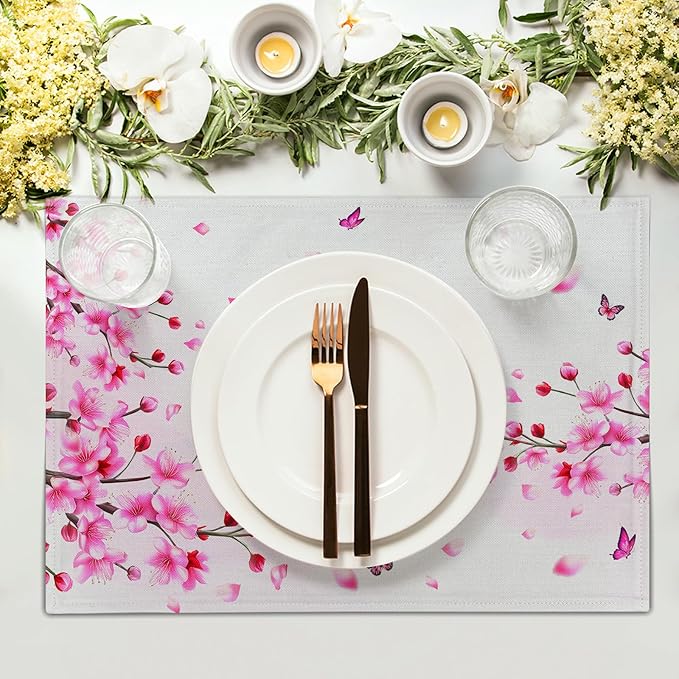 Cherry Blossom Placemats - Sakura Place Mats Set of 4 Pink Floral Flower Tablemats 12x18 for Party Kitchen Dining Farmhouse