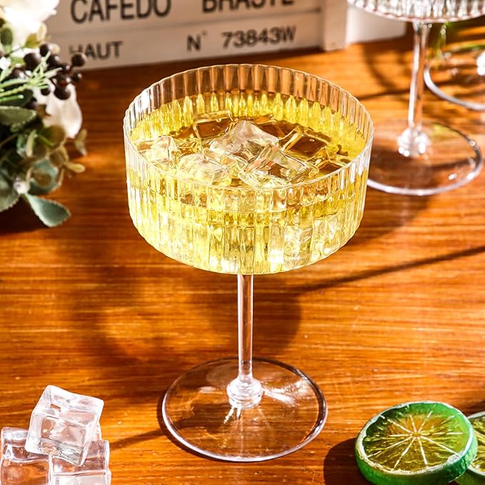 24 Pcs Ribbed Martini Glasses 10 oz Disposable Plastic Vintage Ribbed Coupe Glasses Unbreakable Dessert Parfait Glassware for Wedding Birthday Party Supplies (Clear)