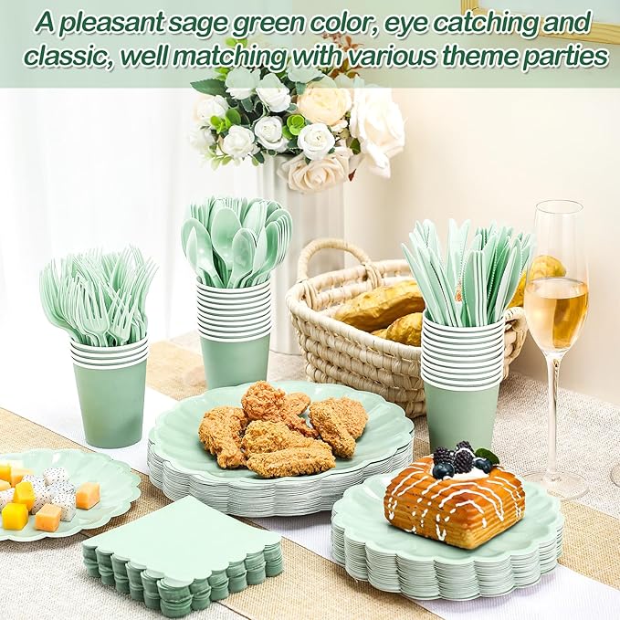 350 Pcs Light Green Scalloped Paper Plates Shell Edge Disposable Tableware Cocktail Napkins Cups Plastic Spoons Forks Knives for Wedding Baby Shower Picnic Birthday Party Supply for 50 Guests