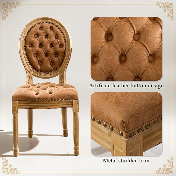 SoarFlash French Dining Chairs Set of 4, Vantage Dining Chair with Round Back, Farmhouse Country PU Leather Dining Chair for Kitchen,Bedroom,Orange