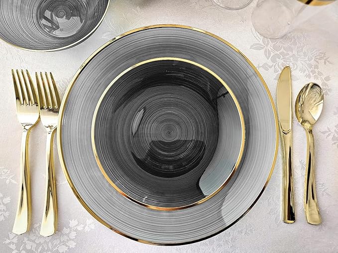 " OCCASIONS " 100 Plates Pack,(50 Guests) Premium Wedding Party Disposable Plastic Plates Set -50 x 10'' Dinner + 50 x 7'' Salad/Dessert (Belize in Black & Gold)