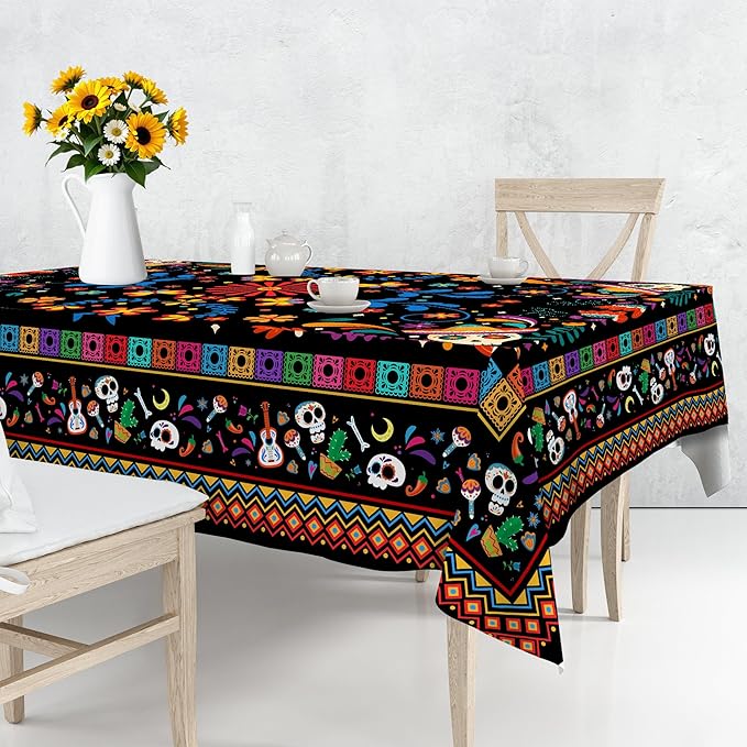 Mexican Tablecloth Rectangle 60 x 104 Inch, Cinco De Mayo Flower Skull Table Cloth Fiesta Indoor Decorations for Dining Room Party