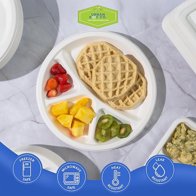 Urban Box Co. 12-Inch 4-Compartment Compostable Plates, Heavy-Duty Eco-Friendly Sugarcane Fiber, Biodegradable & PFAS-Free, BPI-Certified, Compostable Dinner Plates, 400 Pack