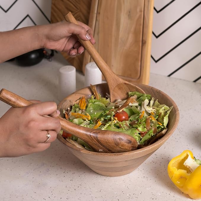 The Fine Living Co. Acacia Salad Servers, 11 Inches, Natural | Handcrafted - Image 3
