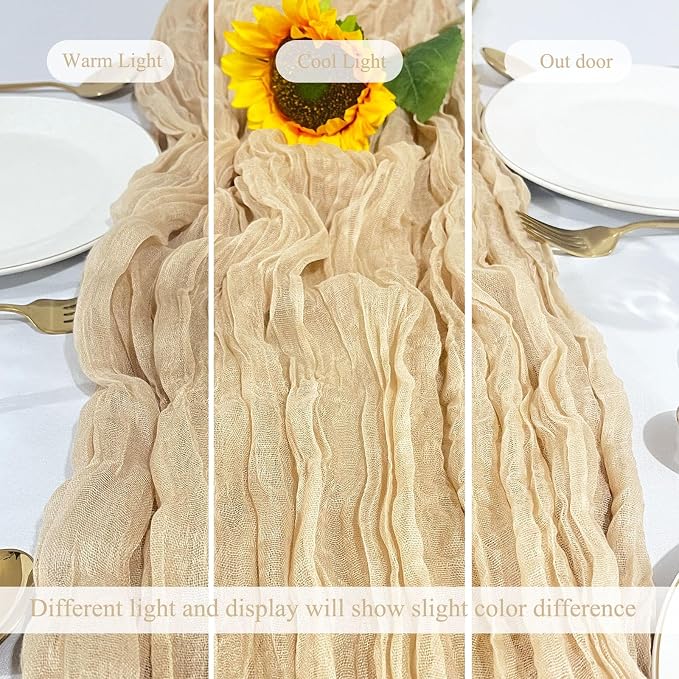 3Pack Beige Cheese Cloth Table Runner, 17 x 108 inch Beige Table Runners | - Image 5