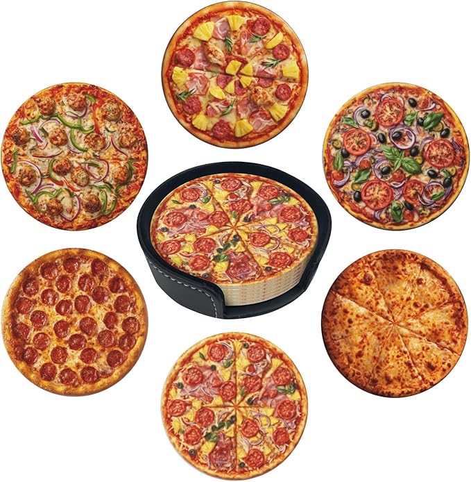 Pizza Coasters for Drinks with Holder Round Leather Coasters Set of 6 Cups Mugs Mat Pad for Home Kitchen Bar
