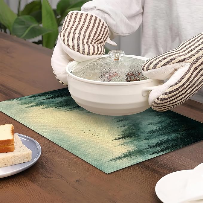 Placemats Set of 6,Misty Mountain Table Mats,Abstract Forest Washable Linen Table Mats,Non-Slip Heat Resistant Placemats for Party Kitchen Dining Indoor Outdoor 12"x18"