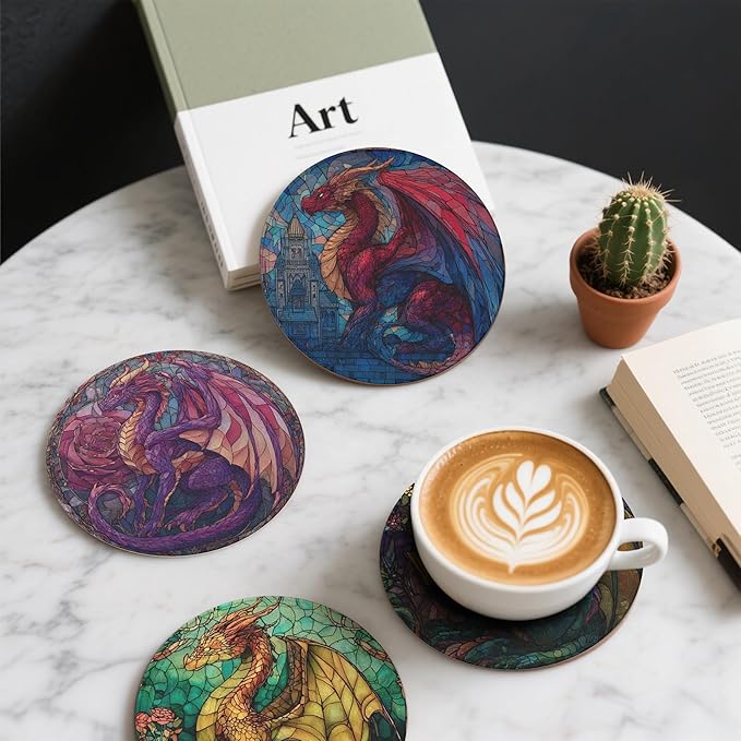 Dragon Coasters Leather Round Drink Coasters 6 Pcs Set with Holderor for Cup Drink Coffee Table Bar Home Decor