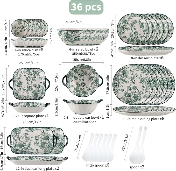 Ceramic Dinnerware Set, Floral Plates and Bowls Sets, Microwave & Dishwasher - Image 3
