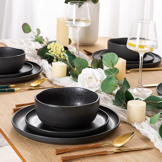 AmorArc Ceramic Dinnerware Sets, Wavy Rim Stoneware Plates and Bowls Sets,Dishwasher & Microwave & Oven Safe Dishes set, Service for 6 (24pc)-Charcoal Matte