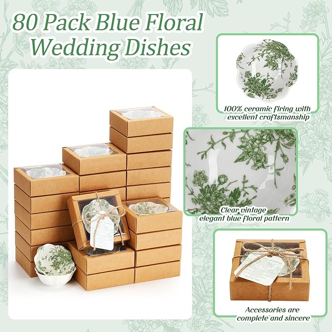 80 Pack Wedding Favors for Guests Small Ceramic Bowls Bulk Gifts Set 3.3 Inch Sage Green Verdure Design Mini Dipping Bowl Sauce Dish with Cards Box for Party Shower Favor Souvenir