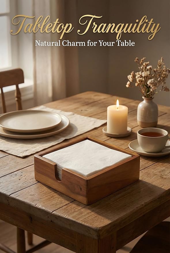 Acacia Lunch Napkin Holder 7.8 x 7.8 inches for Dining Table and Kitchen – Napkin Dispenser Made from Brown Acacia Wood – Premium Quality Feel for Dessert Beverage Party Dinner Luncheon Bar Table