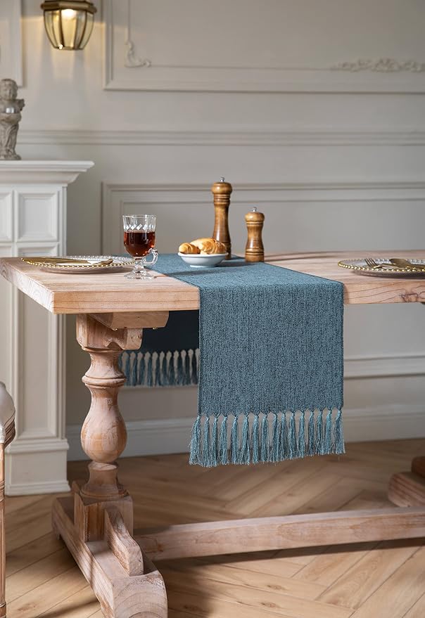 Blue Table Runners 108 Inches Long, Burlap Linen Style Rustic Farmhouse Table - Image 3
