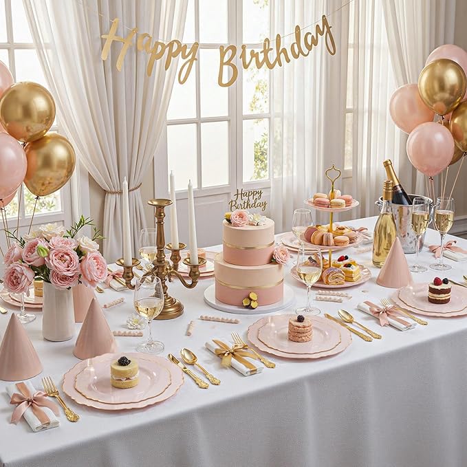 WDF 100pcs Pink Plastic Plates - High-end Baroque Design - Pink and Gold Plates for Upscale Party & Valentine's Day - Including 50 Disposable Plate 10.25inch, 50Salad Plate 7.5inch