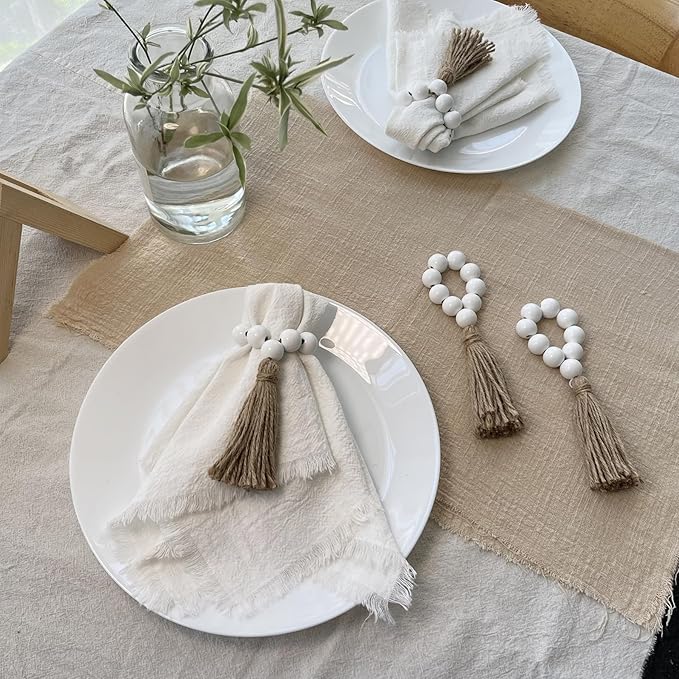 Napkin Rings Set of 12,Wooden Napkin Ring,Wood Bead Elastic Farmhouse Napkin Holder with Tassel,Boho Napkin Rings for Table Decor,Weeding,Dinner,Party (White)