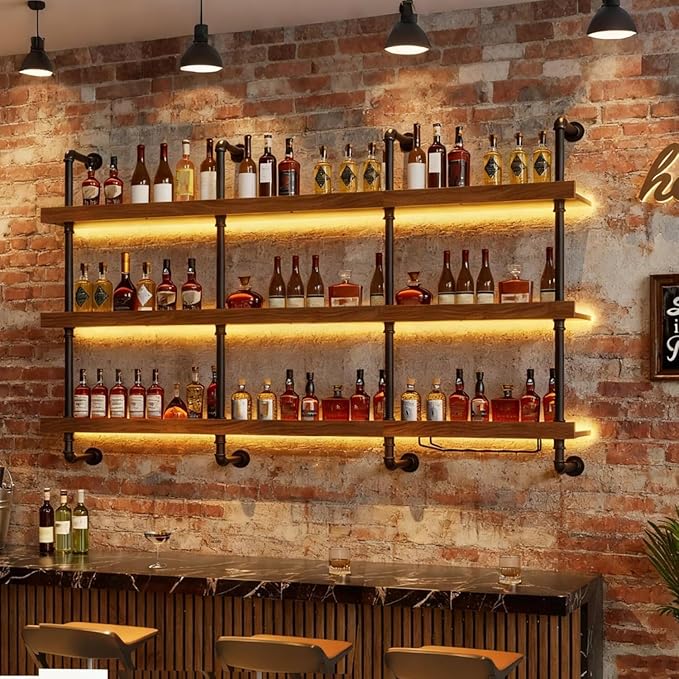 78.7in Large Wine Rack with LED Light Solid Wood Wall Mounted Wine Rack, 3-Tiers Liquor Bottles Floating Shelves Display Storage Organizer for Home Bar & Dining Room (200cm/78.7in)