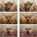 Highland Cow Flowers 12x18 Inch Placemats Set of 6 - Waterproof, Non-Slip & Washable Summer Fall Placemats for Kitchen & Dining Table Placemats