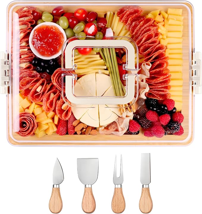 Charcuterie Board with Lid and Handle - Portable Travel Design Bamboo Cheese Board Set with 4 Cheese Tools, Gift for Housewarming, Weddings, Picnics(8 Compartments, White)