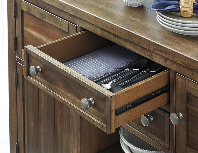 Signature Design by Ashley Moriville Vintage Casual Dining Room Buffet or Server with 4 Cabinets & Center Display Shelf, 2 Drawers, Wood, 56" Wide, Brown