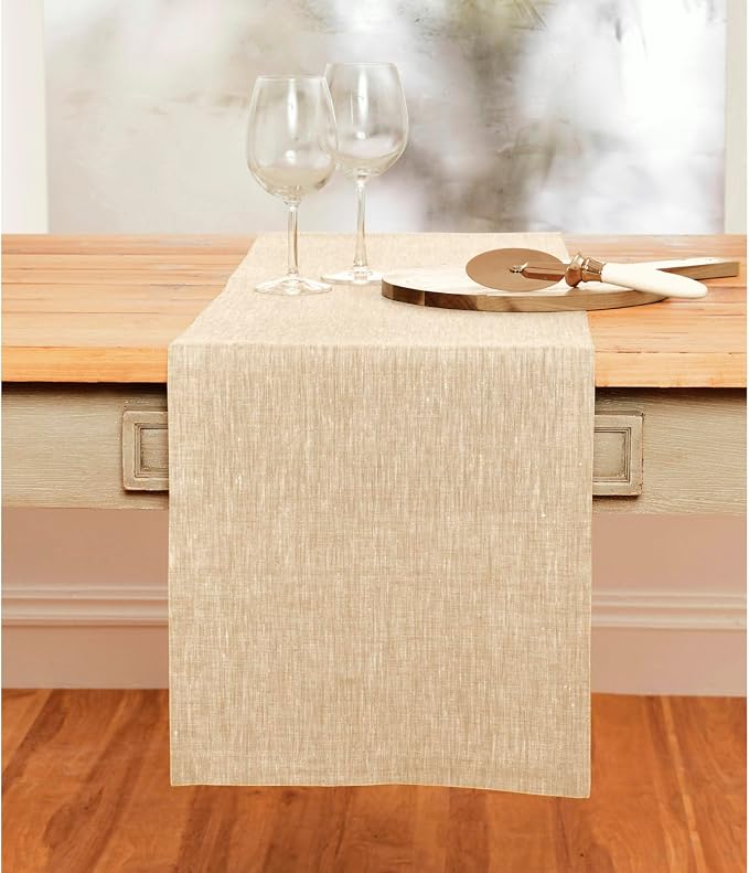 Solino Home 100% Pure Linen Table Runner Beige Long, Athena 14 x 156 in | Table - Image 2