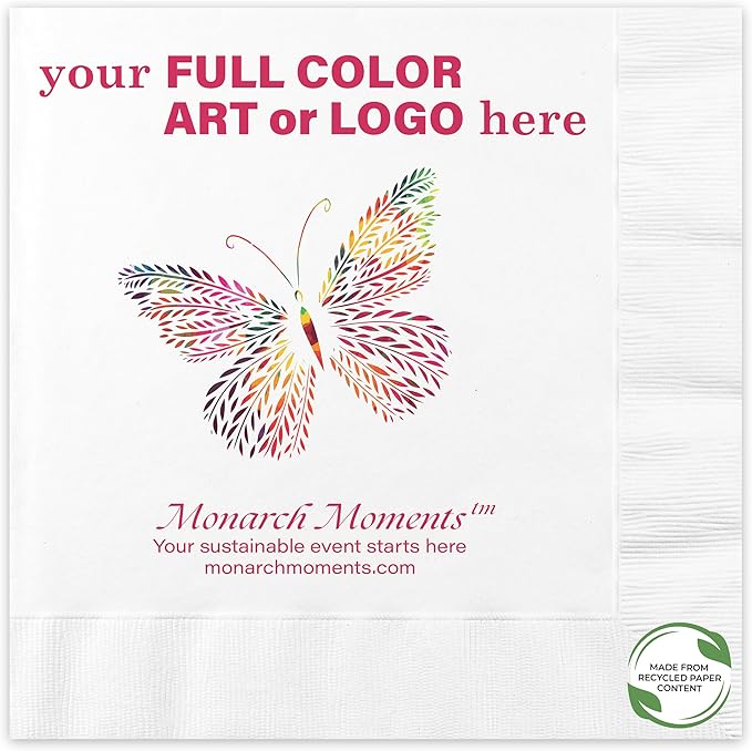 B.E. Green Custom Dinner Napkins - Personalized Recycled Paper Content Napkins - Eco-friendly & Full-Color Digital Printed - Weddings, Events & Celebrations - Pack of 50 - Coin Edge Embossed, 8"x 8"
