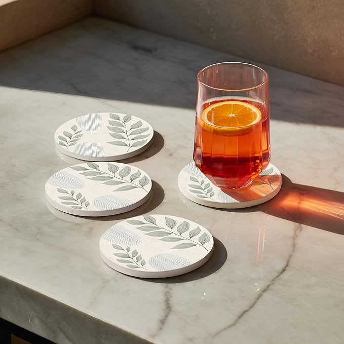 VEYRO Ceramic Coasters Set of 4 – Absorbent Stone Drink Coasters with Holder, Non-Slip Cork Backing, Modern Marble Look Coasters for Coffee Table, Desk & Home Decor