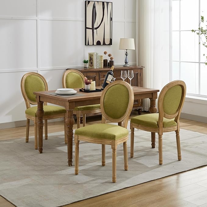 Vintage French Dining Chairs Set of 8, Round Back Upholstered Accent Chairs in Linen Fabric with Solid Wood Frame, Farmhouse Sillas de Comedor for Dining Room & Kitchen, Olive Green