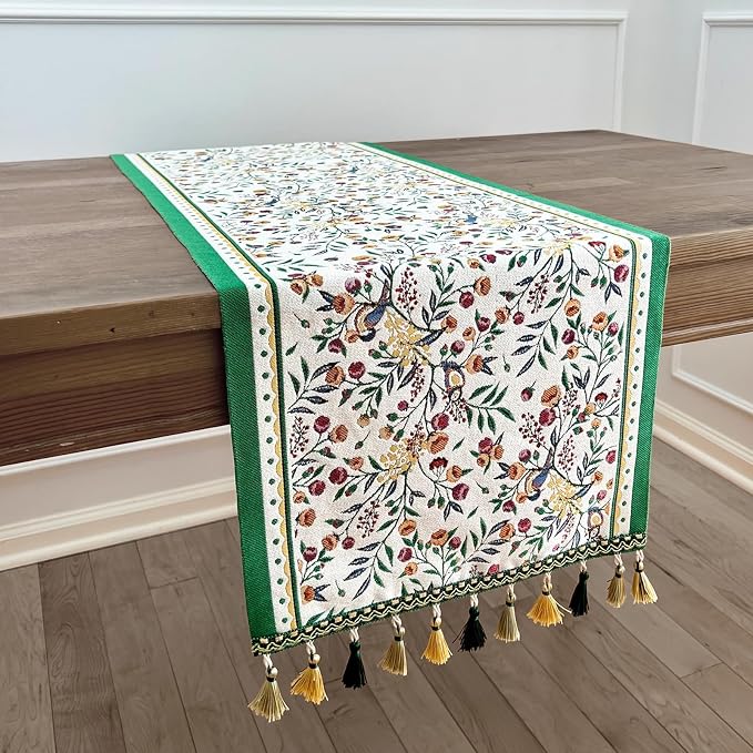 Floral Table Runner with Tassel Edges, Cotton Blend Decorative Runner by QGENUINE