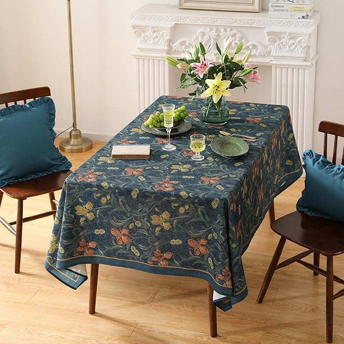 patdrea Designer Dark Blue Linen Rectangle Tablecloth,Vintage French Rustic Floral Pattern Tablecloths,Decorative Table Cover Cloth for Kitchen,Dining,Tea Party,Home,Christmas,63"*102"