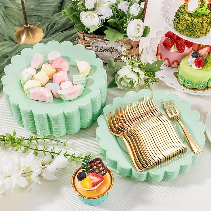 LIYH 200 Pcs Sage Green Plastic Disposable Plates and Gold Forks 7.5 Inch Scalloped Dessert Appetizer Plates, Cake Forks 5" for Wedding Party