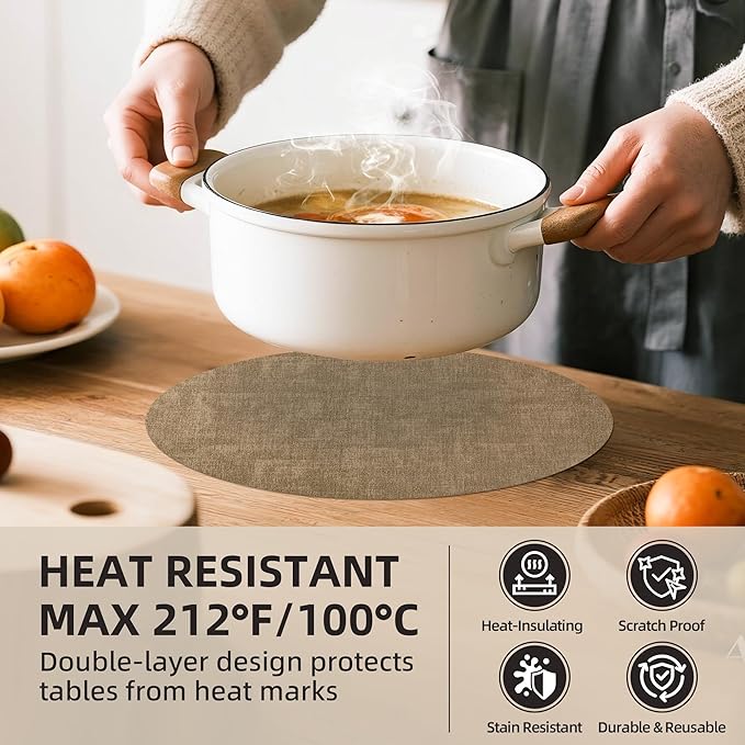 15 inch Faux Leather Round Placemats Set of 4 Non-Slip Washable Wipeable Table Mats, Heat Resistant Waterproof Oilproof Light Coffee Place Mats for Kitchen, Dining, Party, Indoor, Outdoor