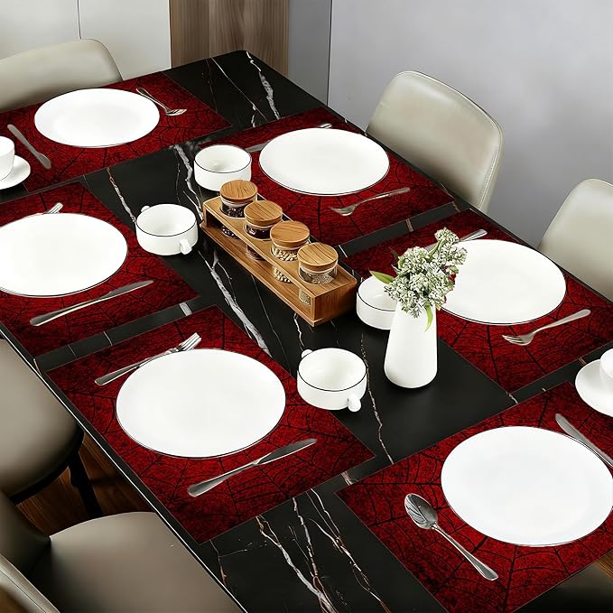 Cloth Placemats,Red Spider Web Fabric Placemats Set of 6,Washable Gothic Table Mats,Decorative Place Mats for Dining Home Kitchen Holiday Party 11.8x17.7 Inch