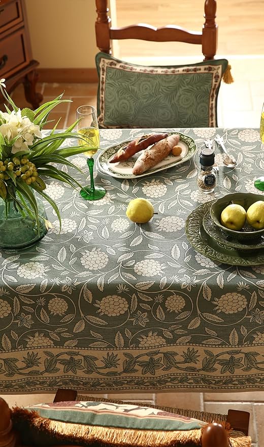ISAENNE Designer Grayish Green Linen Extra Long Tablecloth Rectangle,Floral Stain Resistant Table Cloth,Fall Vintage Decor Tablecloths for Dining Thanksgiving Kitchen,67"*118"-Andrew A