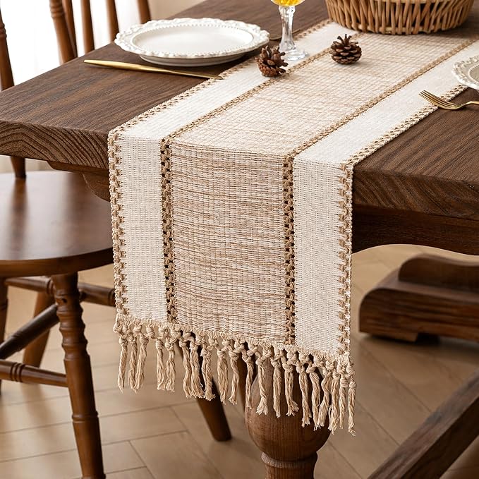 Boho Fall Table Runner Burlap for Home Kitchen Decor 13x72 Inch | 72 Inch Long by FEXIA
