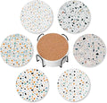 Terrazzo 6 Pcs Drink Coasters with Holder, Modern Granite Absorbent Round Ceramic Coaster for Tabletop Protection, for Coffee Cup Beverage Coasters Wine Beer Bar