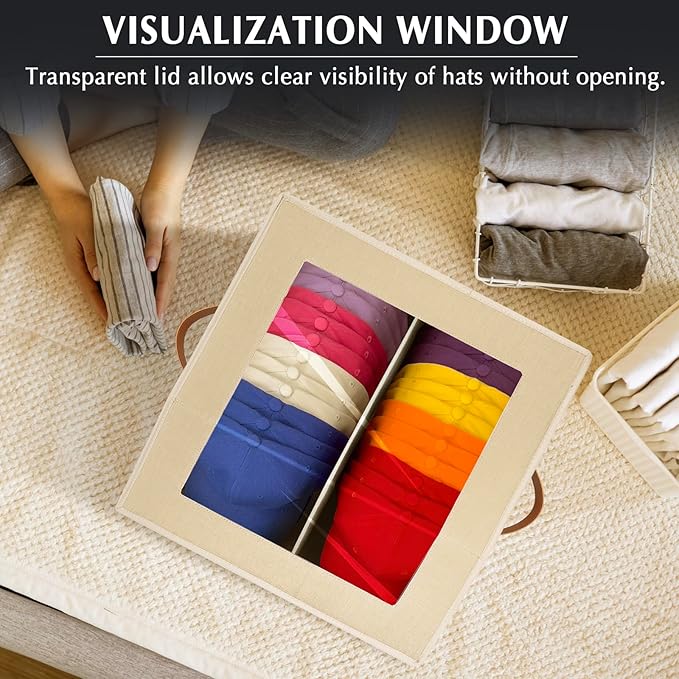 2-in-1 Hat Organizer for Baseball Caps Holds 24-30 Hats Holder for Closet with Clear lid Stackable Hat Storage with Adjustable Space Cowboy Hat Box for Men Women 1 PCS White and Grey