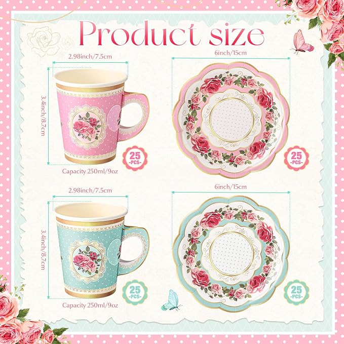 Tioncy 100 Pcs Tea Party Decorations Include 50 Pieces 9 oz Paper Tea Cups - Image 2
