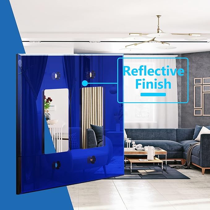 LIDER Double Decorator Wall Plate, Impact Resistant, Mirrored, Plexiglass Dual Outlet Cover or Light Switch Cover, Acrylic, Reflective Finish, Modern, Oversized 2-Gang 5.25" x 5.25", Blue, 5 Pack