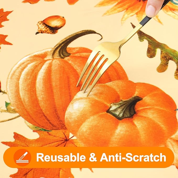 Smiry Plastic Thanksgiving Tablecloth, Sunflower & Pumpkin Waterproof Elastic Fitted Table Covers for 8 Foot Tables, Wipeable Flannel Backed Vinyl Tablecloths for Autumn Harvest (Gold, 30x96 Inches)