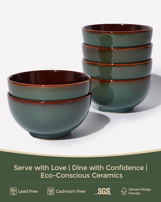 5.5" Cereal Bowls & Dessert Bowls Set of 6-22 Oz Small Bowls for Kitchen-Ceramic Bowl for Cereal, Soup, Oatmeal, Salad, Ramen, Noodle, Rice, Yogurt-Dishwasher & Microwave Safe, Brown Green