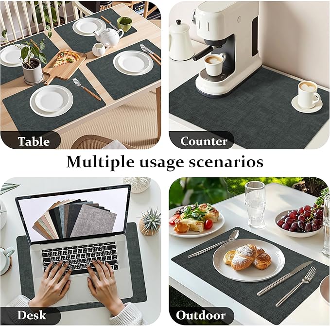 FROMHEART Faux Leather Placemats Set of 8–Waterproof,Heat/Oil Stain-Resistant PU Table Mat–Reversible,Non-Slip,Easy to Clean Place Mats for Kitchen,Dining,Indoor/Outdoor,(Dark Green,11.8" x 17")