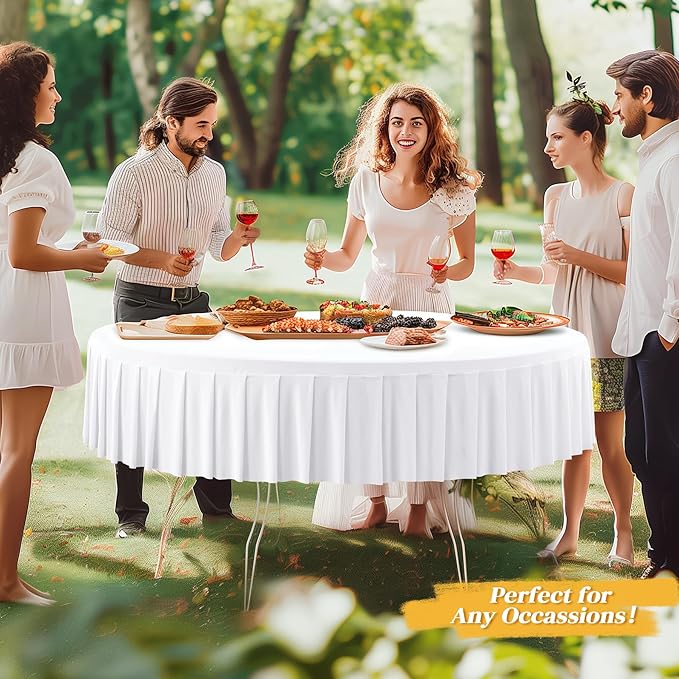 2 Pack White Spandex Round Tablecloths for 72in Tables, Stretchy Fitted 6FT Round Table Cloths, Wrinkle Free Table Cover with Skirt for Wedding Birthday Party Bridal Shower Banquet