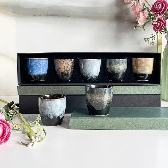 Rubdub Ceramic Japanese Tea Cup Set, 5oz Coffee Cup No Handle, Teacup of 5 - Image 6