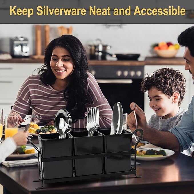Cutlery Holder with Drain Holes, Dishwasher Safe Silverware Caddy for Party, Kitchen Counter, 3pcs Bins Set Countertop Utensil Holder for Spoons, Forks and Knives, Black